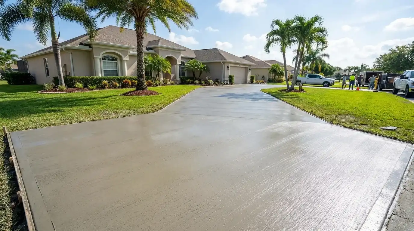 Freshly poured wide concrete driveway with control joints at a stucco home, Spring Hill, FL